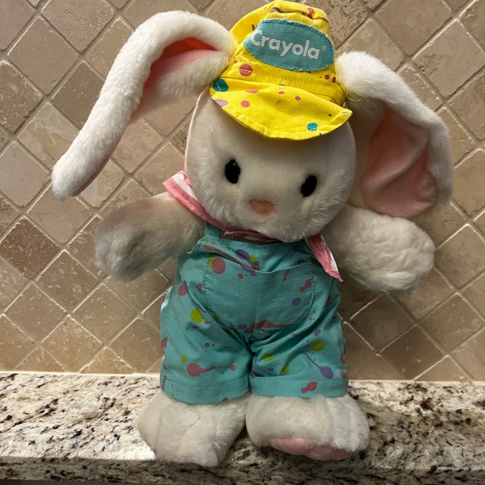 Hallmark Vintage‎ 1990 Crayola Yellow Hat and Blue Overalls Bunny Plush